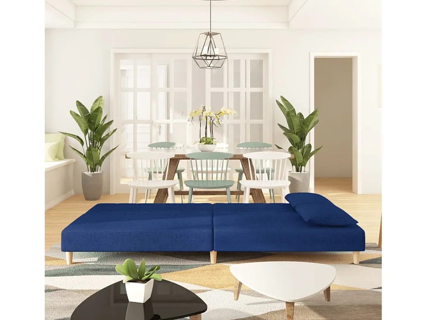 Sofá-cama 2 lugares com duas almofadas tecido azul PT562802