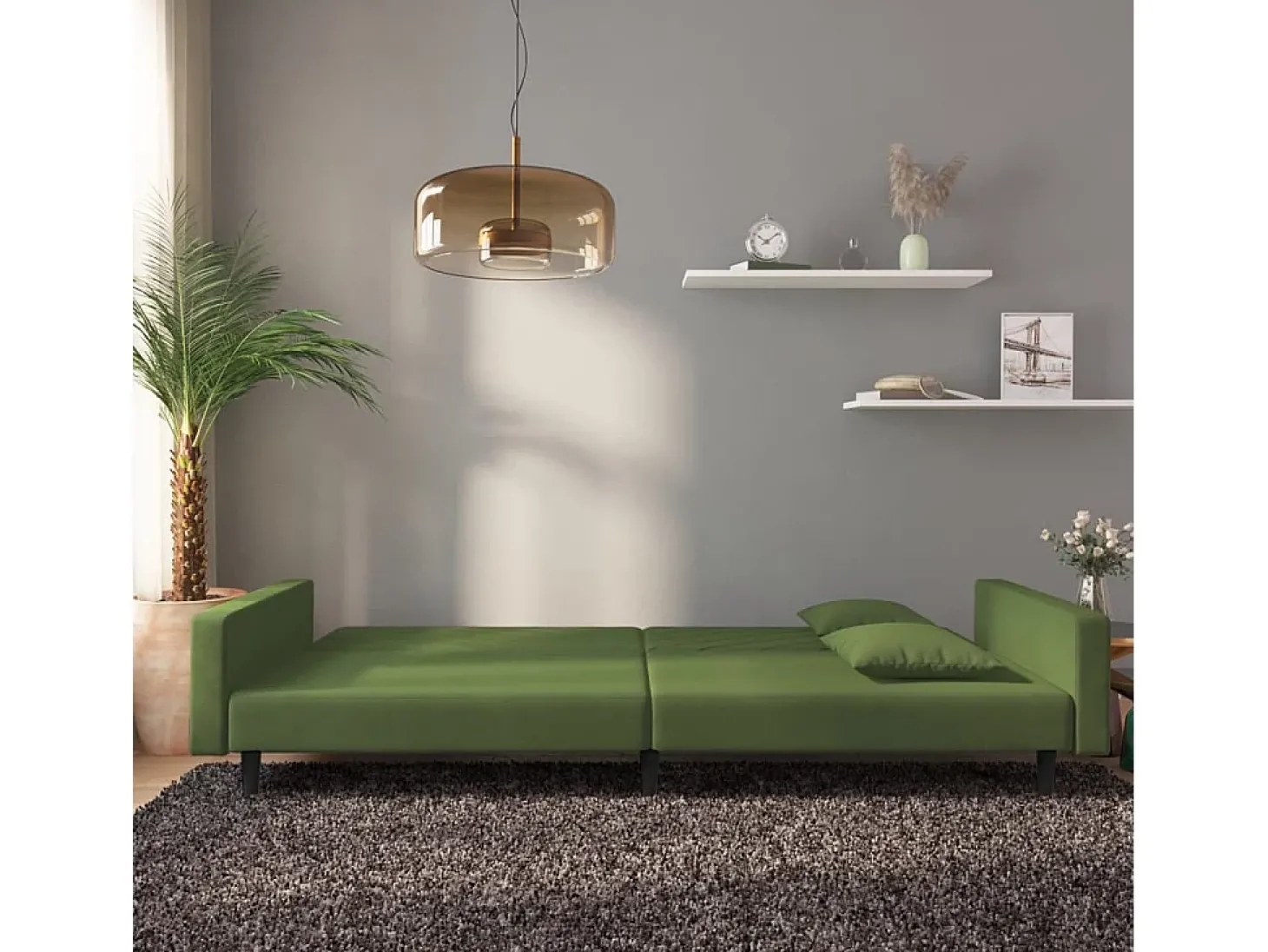 Sofá-cama 2 lugares com duas almofadas veludo verde-escuro PT578613