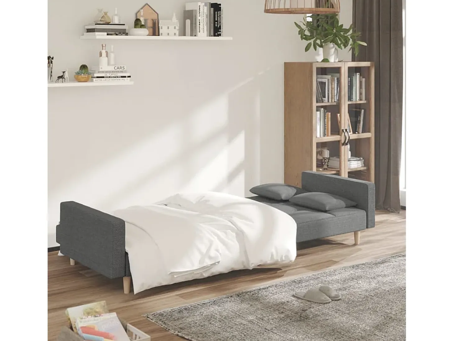 Sofá-cama 2 lugares com duas almofadas tecido cinzento-claro PT913398