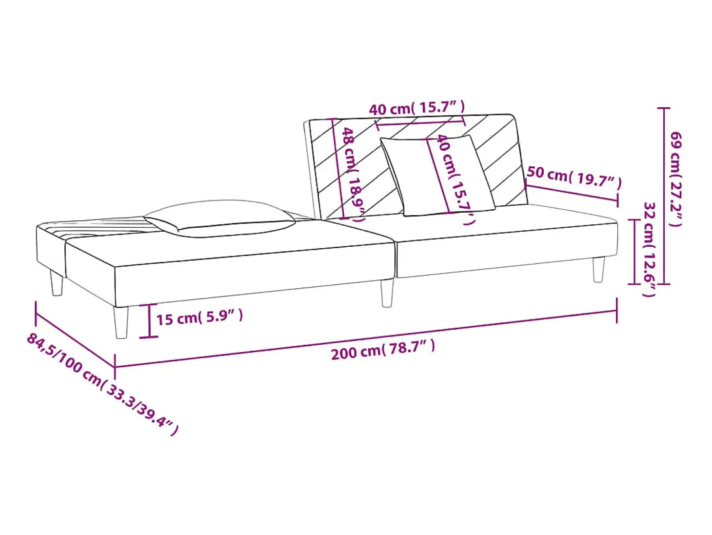 Sofá-cama 2 lugares com duas almofadas veludo preto