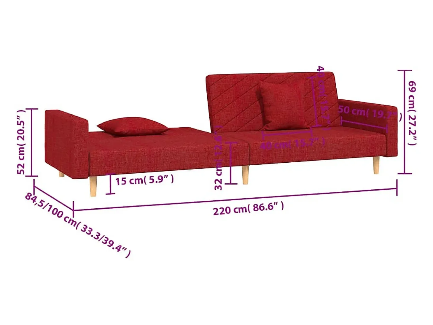Sofá-cama 2 lugares com duas almofadas tecido vermelho tinto