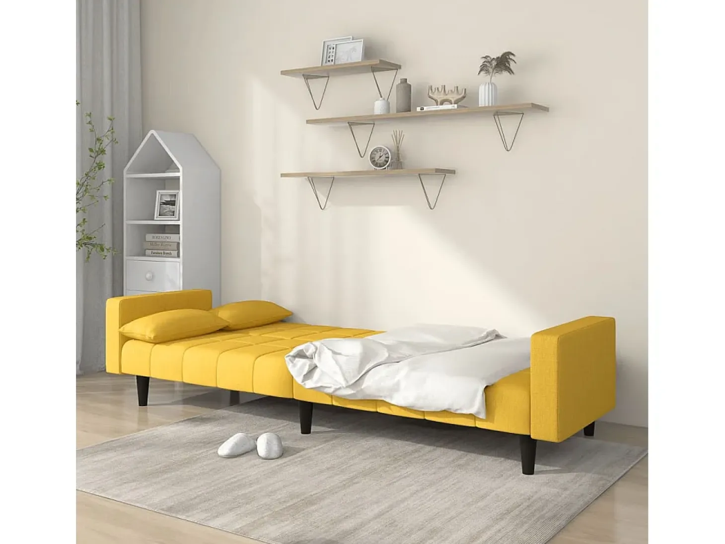 Sofá-cama 2 lugares com duas almofadas tecido amarelo PT823782