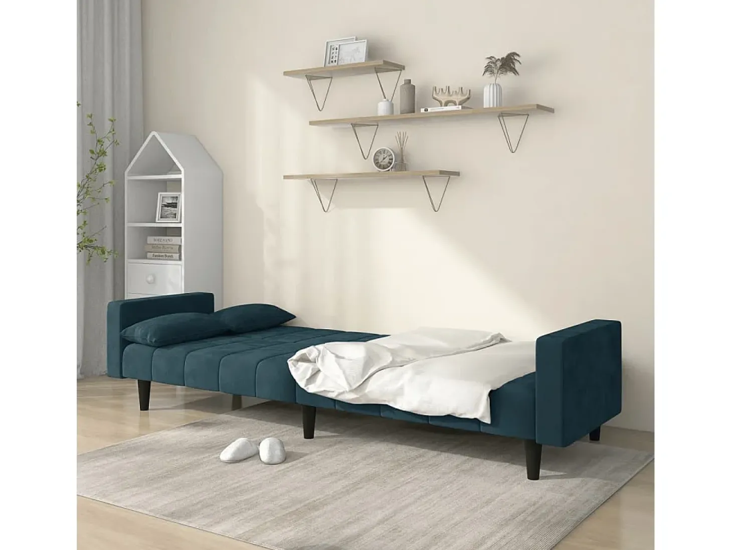 Sofá-cama 2 lugares com duas almofadas veludo azul PT223931