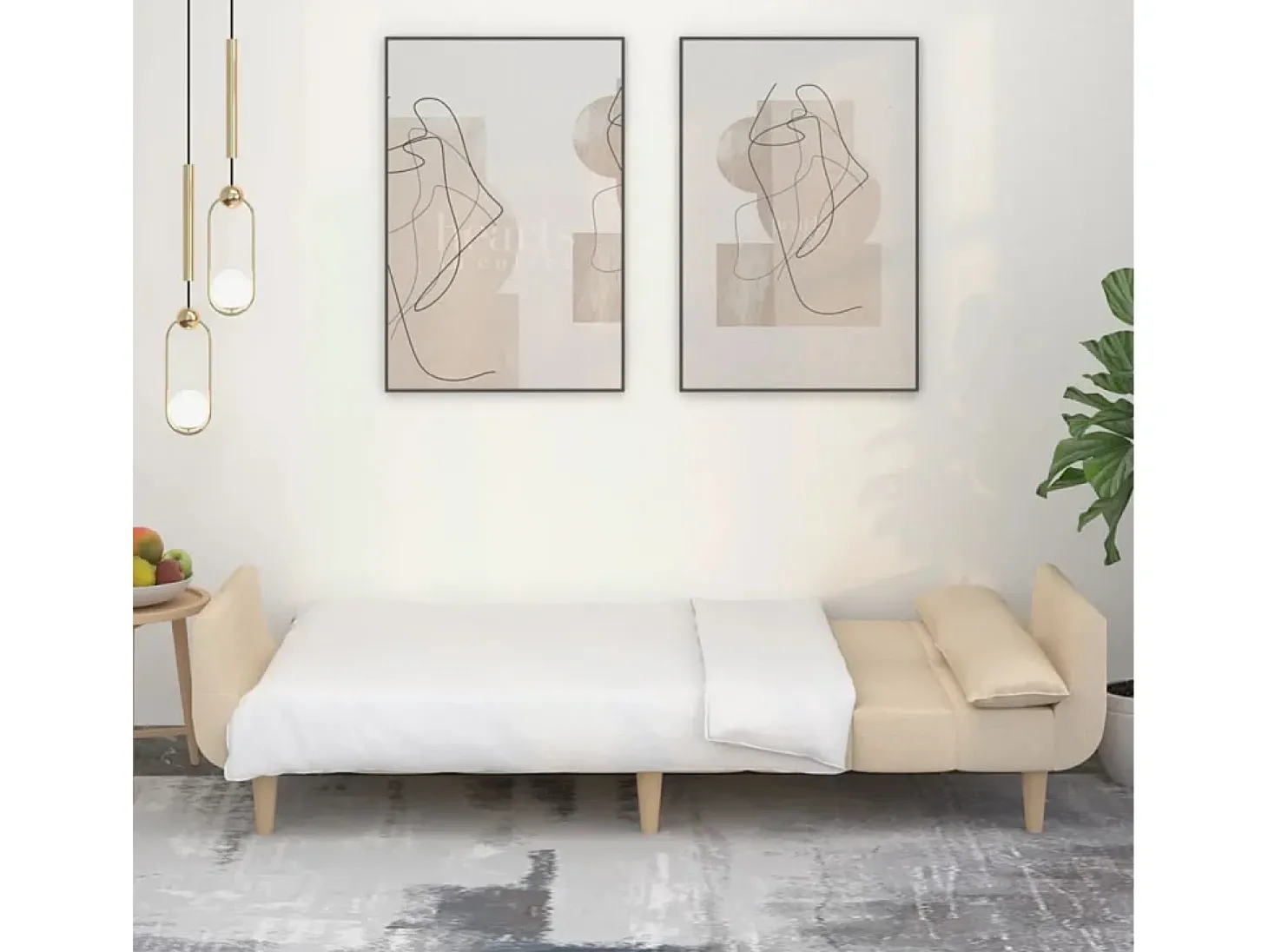 Sofá-cama 2 lugares com duas almofadas tecido cor creme PT849988
