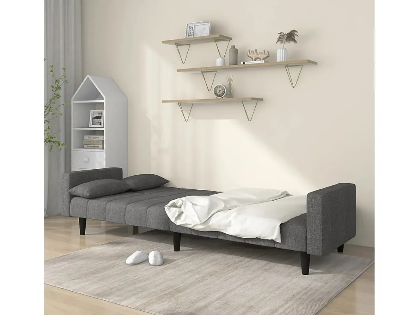 Sofá-cama 2 lugares com duas almofadas tecido cinzento-claro PT254435
