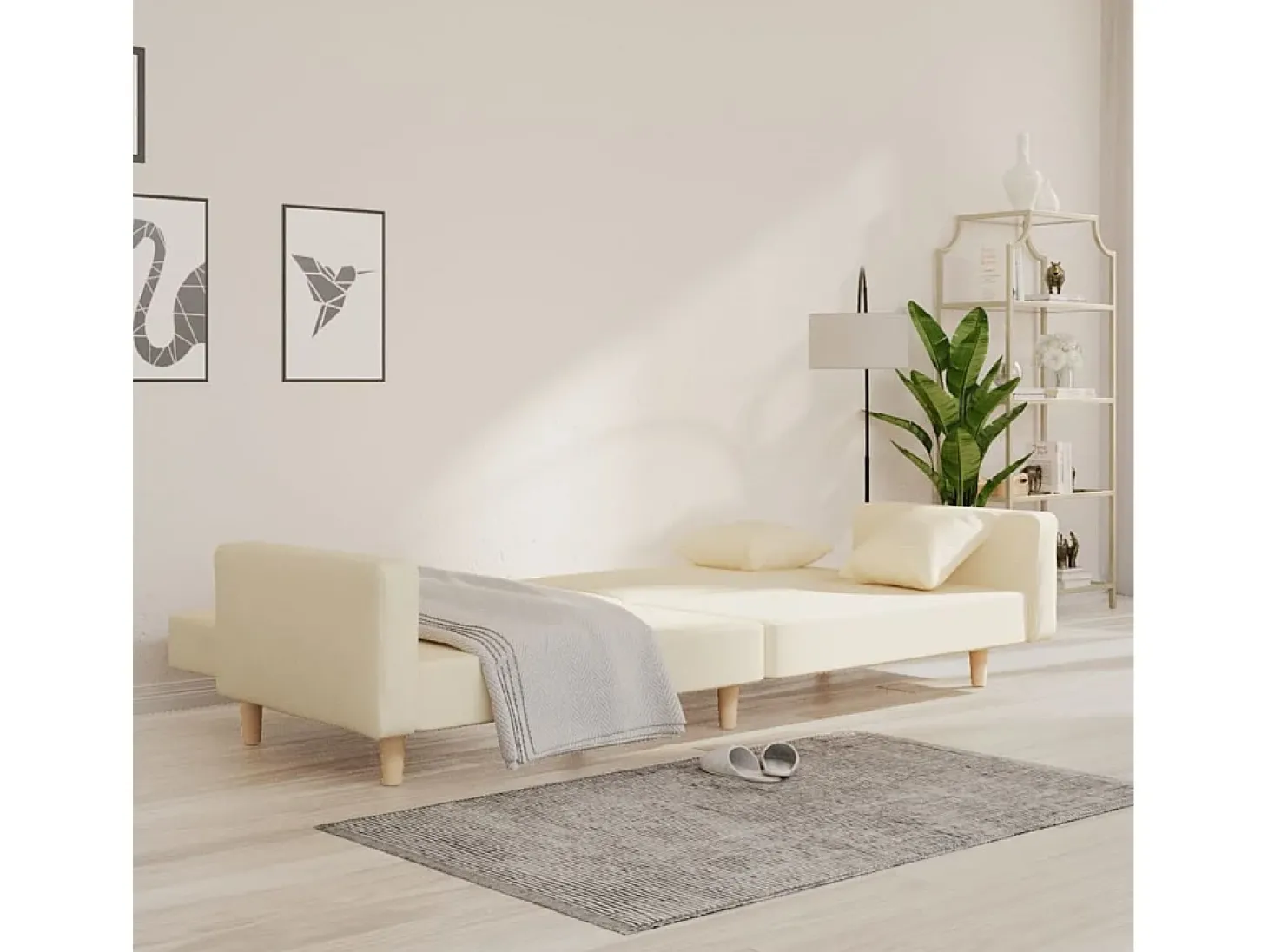Sofá-cama 2 lugares com duas almofadas tecido cor creme PT307014