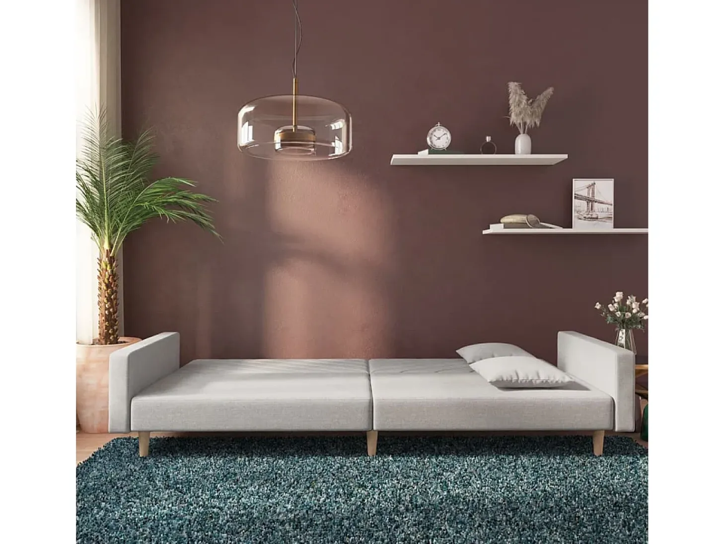 Sofá-cama 2 lugares com duas almofadas tecido cinzento-claro PT489296