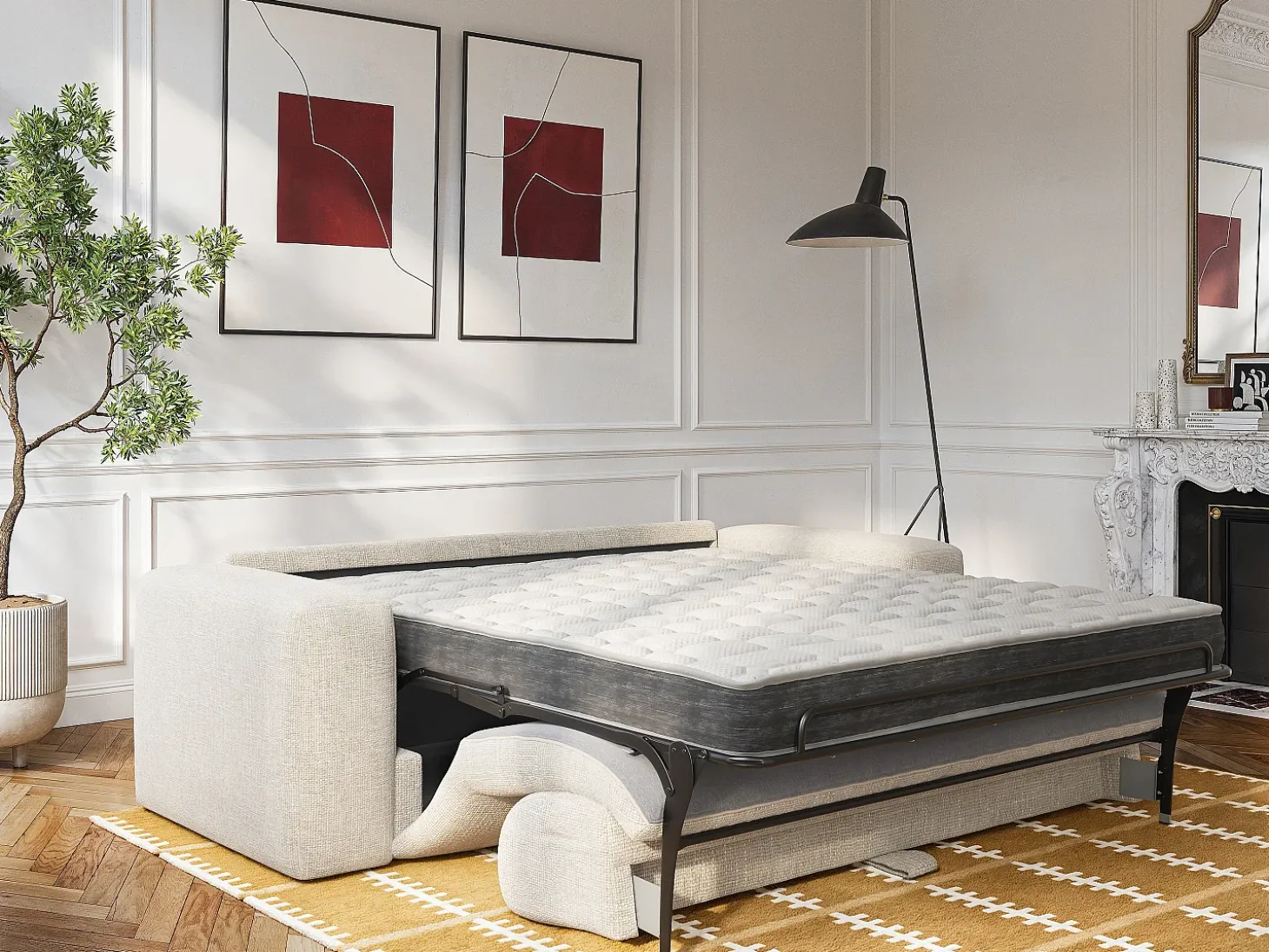 Sofá-cama 3 lugares de abertura rápida em tecido texturizado bege - Colchão 16 cm POGNIA