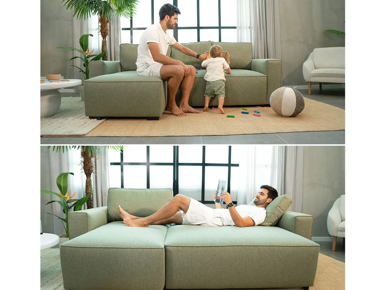 Sofá-cama 3 lugares Verde - chaise longue reversível lado direito/esquerdoche com arrumação integrada (239 x 157 x 91 cm) - JADE