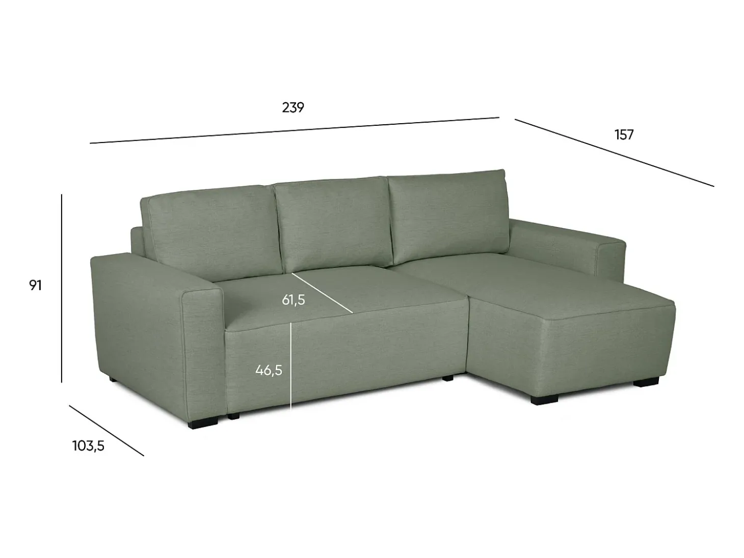 Sofá-cama 3 lugares Verde - chaise longue reversível lado direito/esquerdoche com arrumação integrada (239 x 157 x 91 cm) - JADE