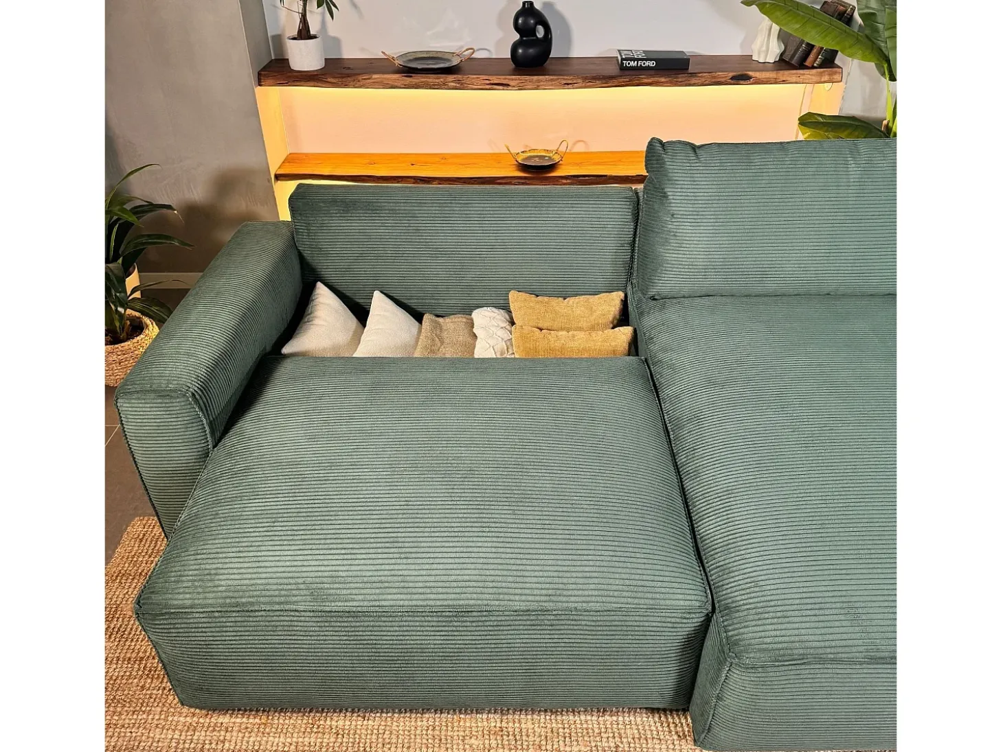 Sofá-cama 3 lugares Verde Abeto - chaise reversível lado direito/esquerdoche com arrumação integrada (269 x 158 x 96 cm) - LAUREN