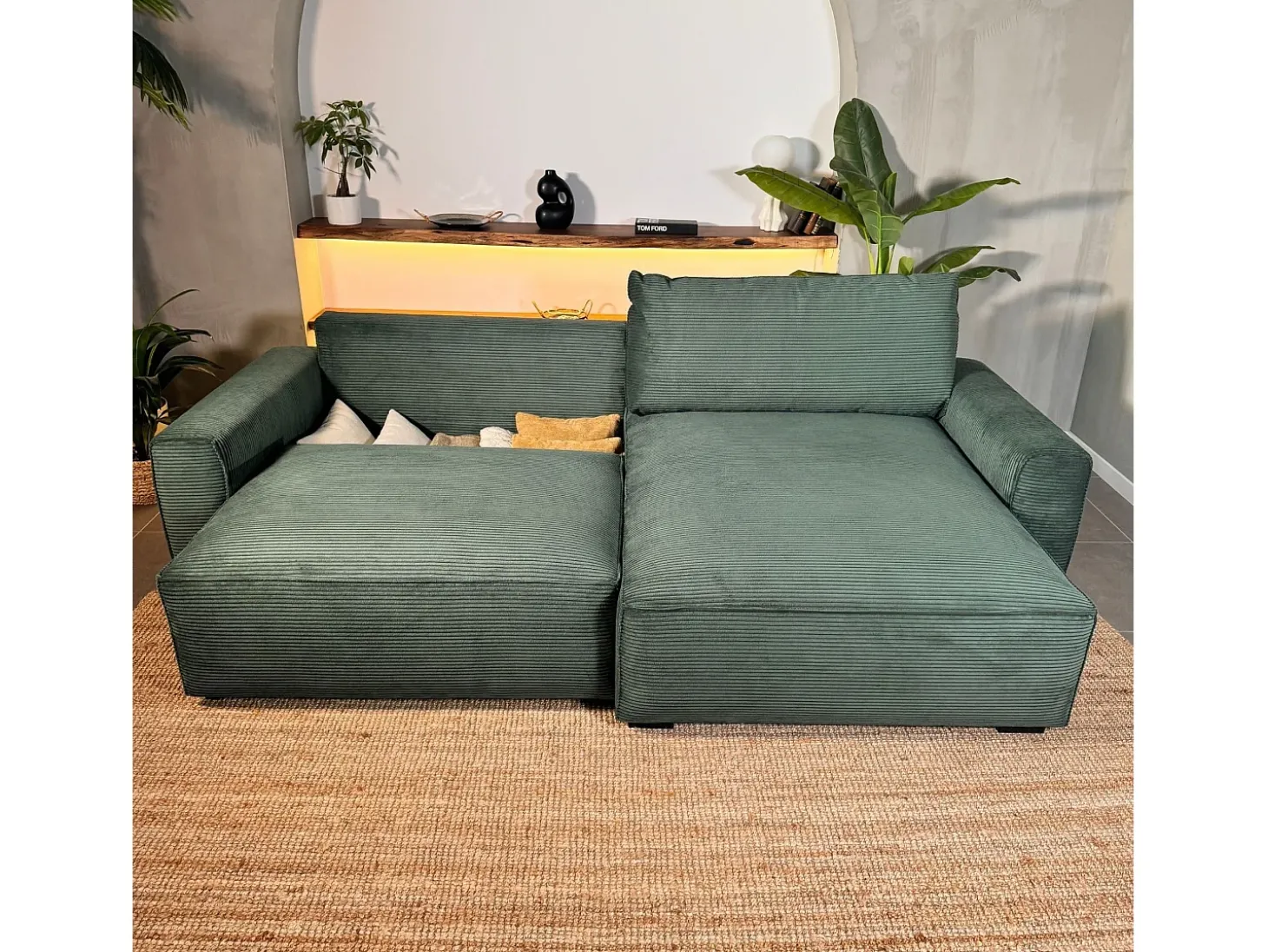 Sofá-cama 3 lugares Verde Abeto - chaise reversível lado direito/esquerdoche com arrumação integrada (269 x 158 x 96 cm) - LAUREN