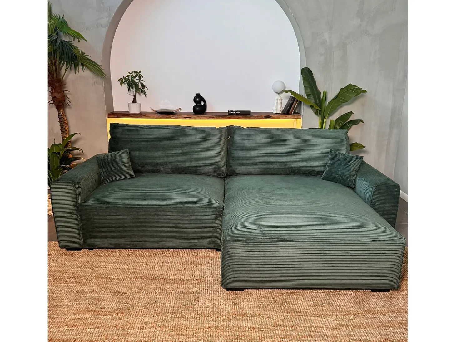 Sofá-cama 3 lugares Verde Abeto - chaise reversível lado direito/esquerdoche com arrumação integrada (269 x 158 x 96 cm) - LAUREN