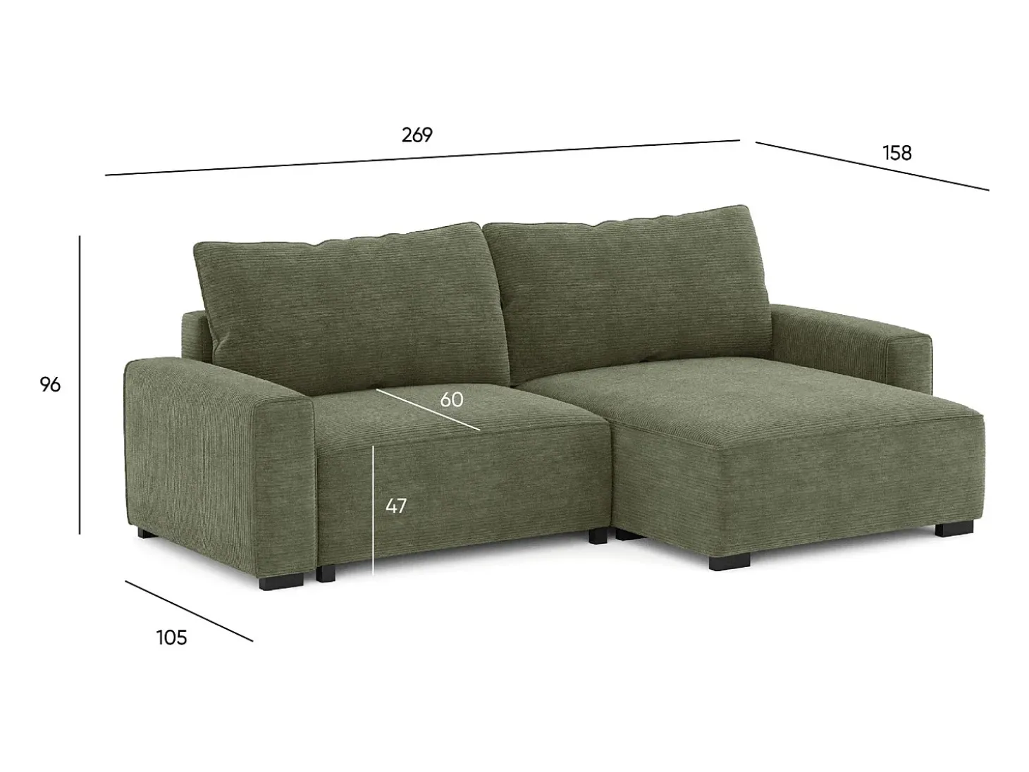 Sofá-cama 3 lugares Verde Floresta - chaise reversível lado direito/esquerdoche com arrumação integrada (269 x 158 x 96 cm) - LAUREN
