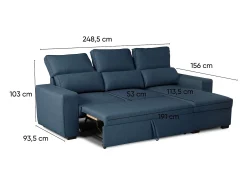 Sofá-cama 3 places Azul - chaise longue reversível lado direito/esquerdoche com arrumação integrada (248,5 x 117 x 103 cm) - HARPER