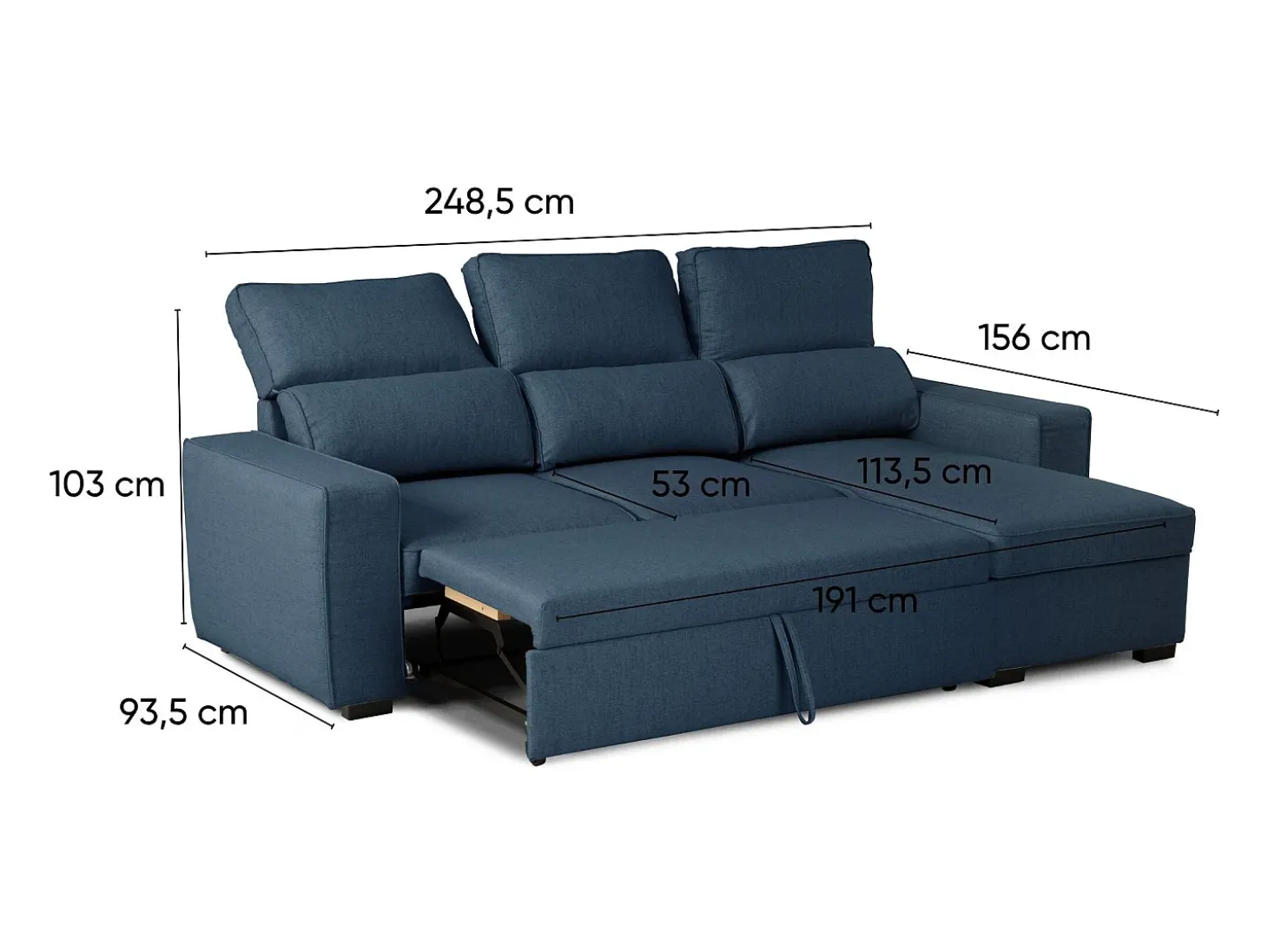 Sofá-cama 3 places Azul - chaise longue reversível lado direito/esquerdoche com arrumação integrada (248,5 x 117 x 103 cm) - HARPER