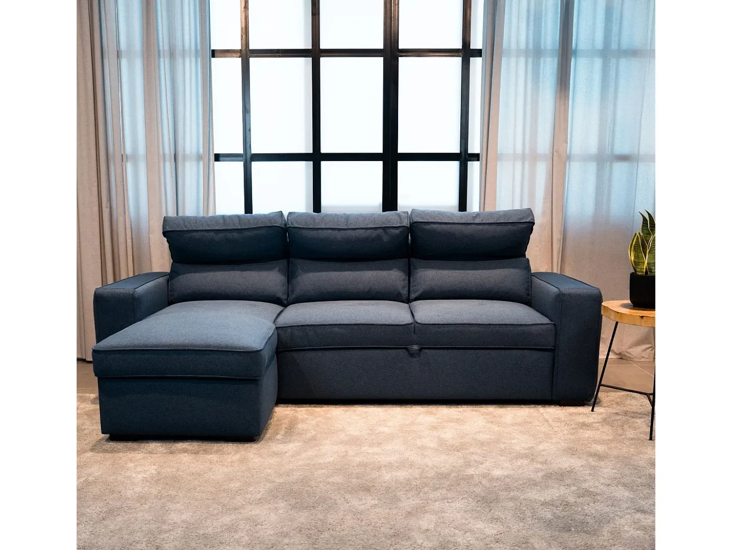Sofá-cama 3 places Azul - chaise longue reversível lado direito/esquerdoche com arrumação integrada (248,5 x 117 x 103 cm) - HARPER