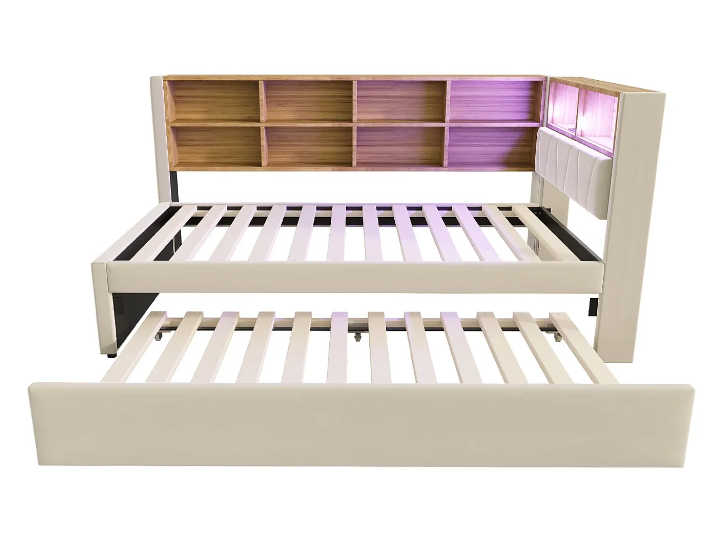 Sofá-cama 90 x 200 cm, com iluminação LED, tomadas elétricas e diversos compartimentos de arrumação, bege.