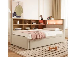 Sofá-cama 90 x 200 cm, com iluminação LED, tomadas elétricas e diversos compartimentos de arrumação, bege.