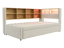 Sofá-cama 90 x 200 cm, com iluminação LED, tomadas elétricas e diversos compartimentos de arrumação, bege.