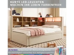 Sofá-cama 90 x 200 cm, com iluminação LED, tomadas elétricas e diversos compartimentos de arrumação, bege.