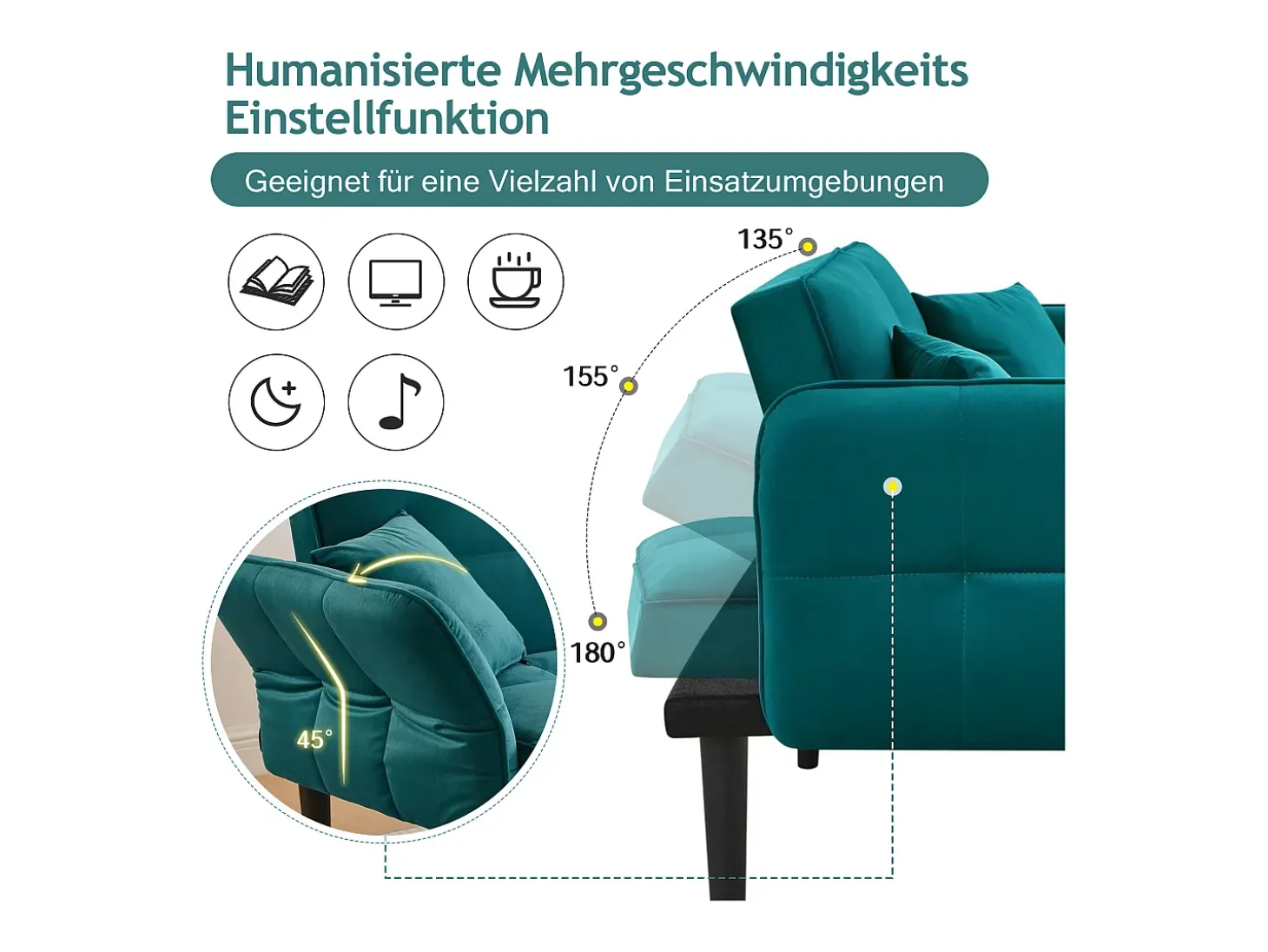 Sofá-cama ajustável 2 em 1 - 176 x 78 x 76 cm - 2 lugares - com braços dobráveis - Veludo - Verde