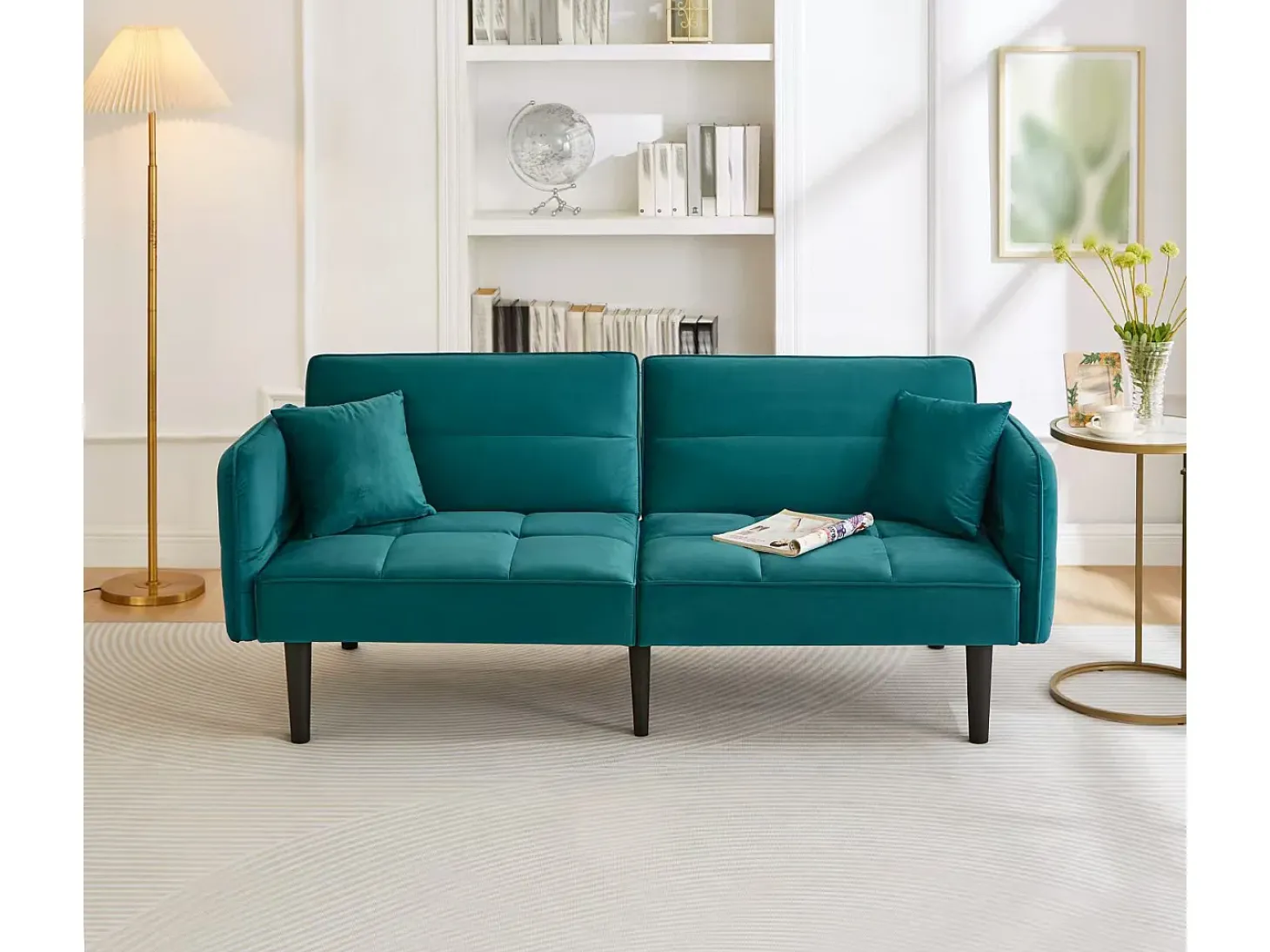 Sofá-cama ajustável 2 em 1 - 176 x 78 x 76 cm - 2 lugares - com braços dobráveis - Veludo - Verde