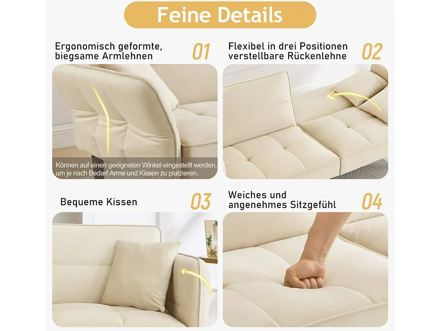 Sofá-cama ajustável 2 em 1 - 176 x 78 x 76 cm - 2 lugares - com braços dobráveis - Veludo - Bege