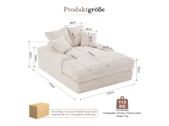 Sofá-cama chaise longue com 4 almofadas - Veludo cotelê bege