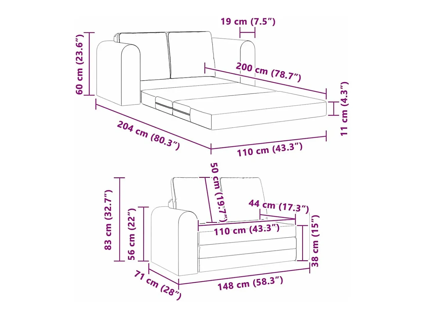 Sofá-Cama 60cm Preto Veludo