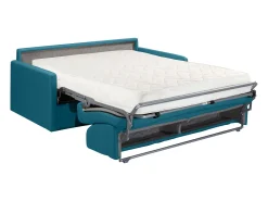 Sofá-cama com abertura rápida em tecido azul turquesa assento memória de forma 120 cm colchão 18 cm CALIFE
