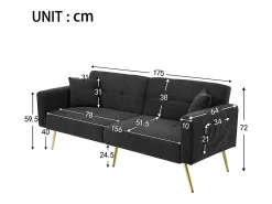 Sofá-cama com função de cama, ângulo regulável, pés dourados, com almofadas e bolsas de arrumação laterais