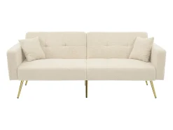 Sofá-cama com função de cama, ângulo regulável, pés dourados, com almofadas e bolsas de arrumação laterais, bege