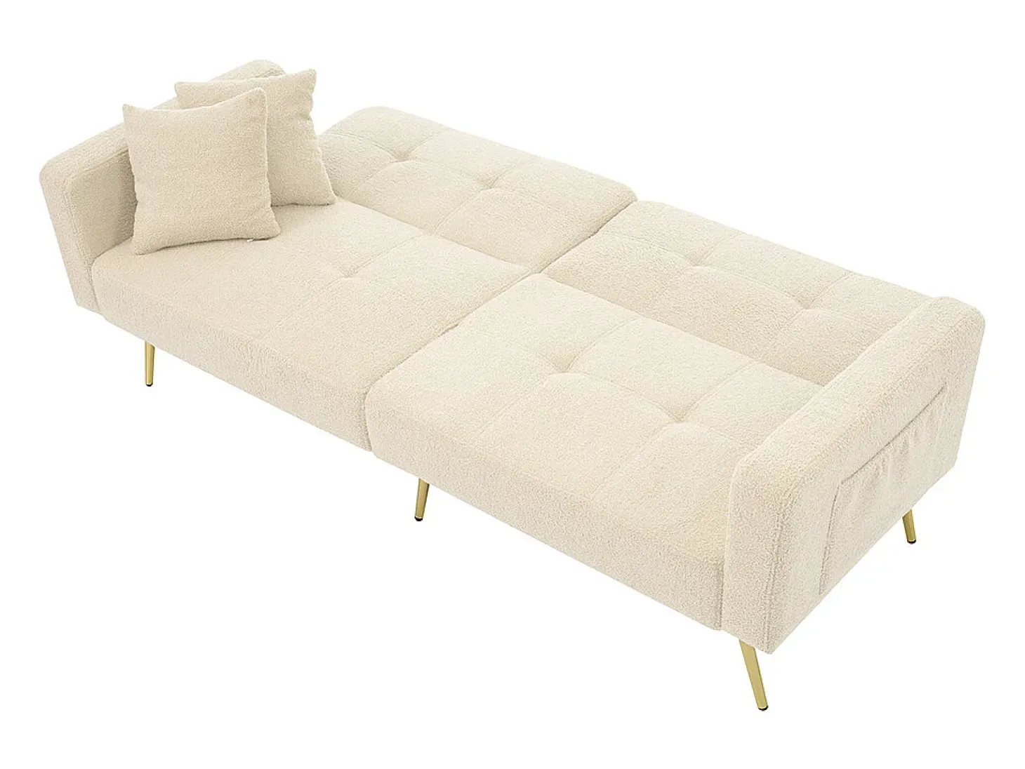 Sofá-cama com função de cama, ângulo regulável, pés dourados, com almofadas e bolsas de arrumação laterais, bege