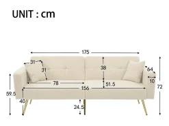 Sofá-cama com função de cama, ângulo regulável, pés dourados, com almofadas e bolsas de arrumação laterais, bege