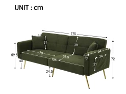 Sofá-cama com função de cama, ângulo ajustável, pernas douradas, com almofadas e bolsos laterais de arrumação
