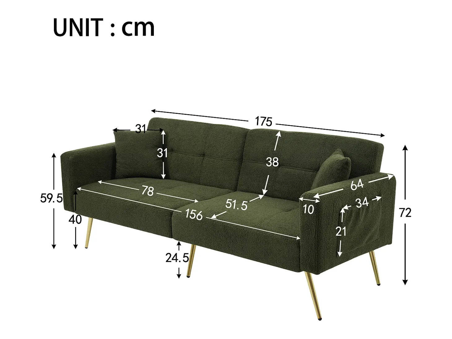 Sofá-cama com função de cama, ângulo ajustável, pernas douradas, com almofadas e bolsos laterais de arrumação