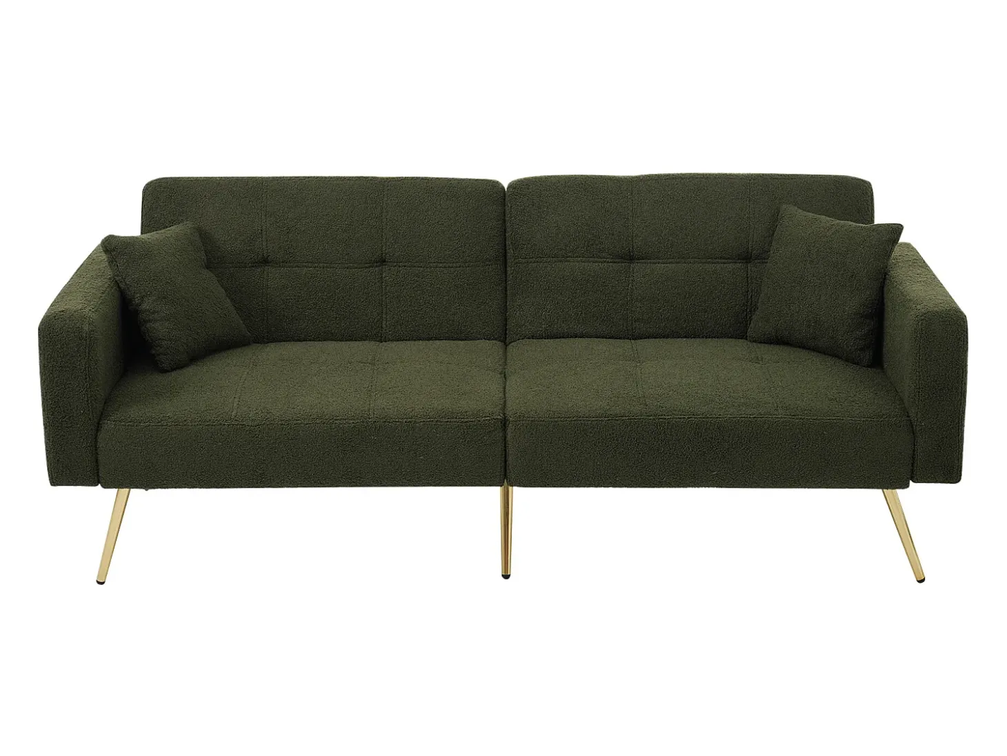 Sofá-cama com função de cama, ângulo ajustável, pernas douradas, com almofadas e bolsos laterais de arrumação