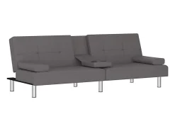 Sofá-cama com suporte para copos couro artificial cinzento