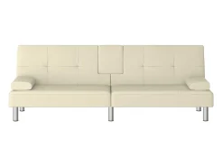 Sofá-cama com suporte para copos couro artificial cor creme