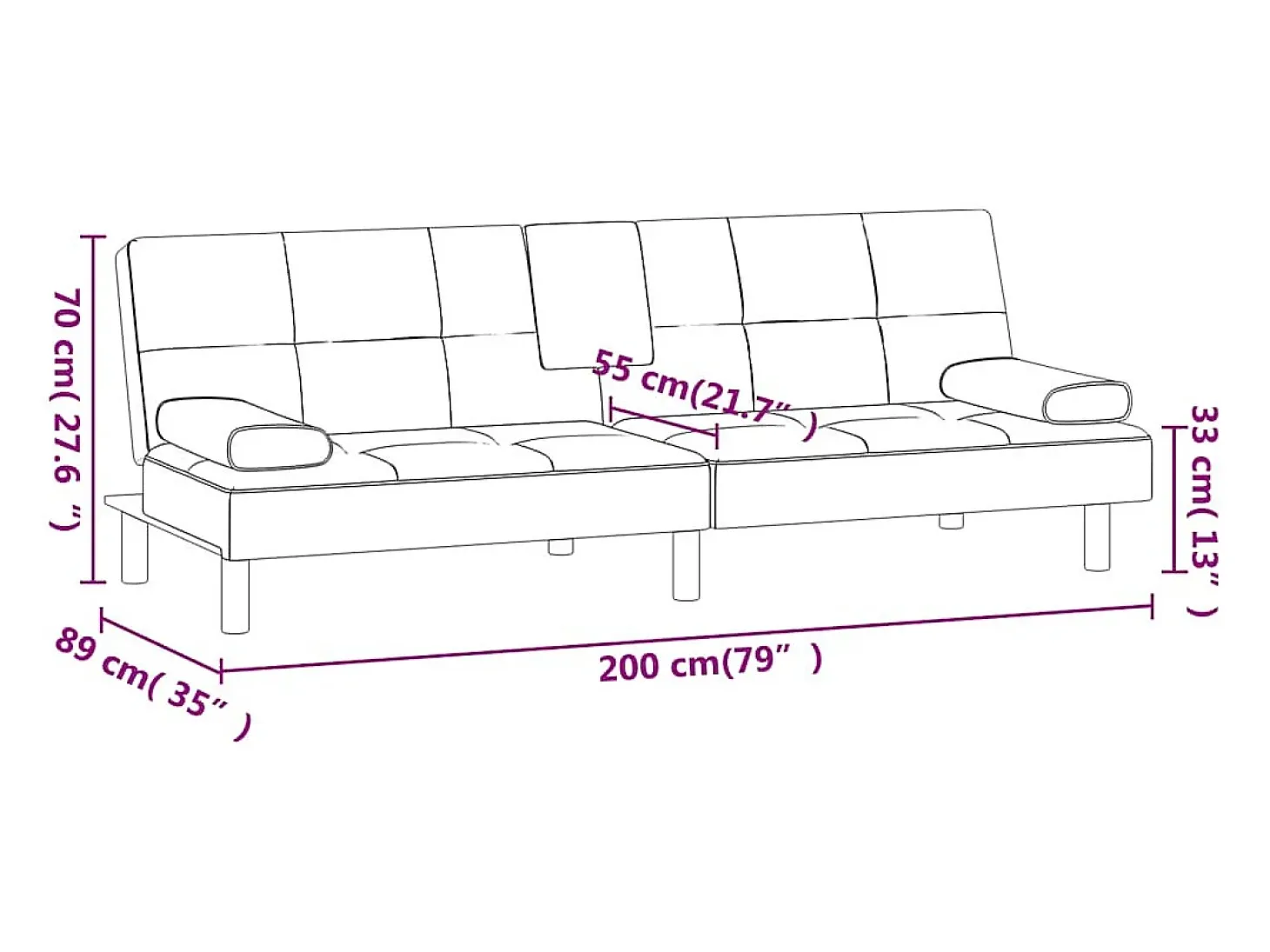 Sofá-cama com suporte para copos couro artificial preto