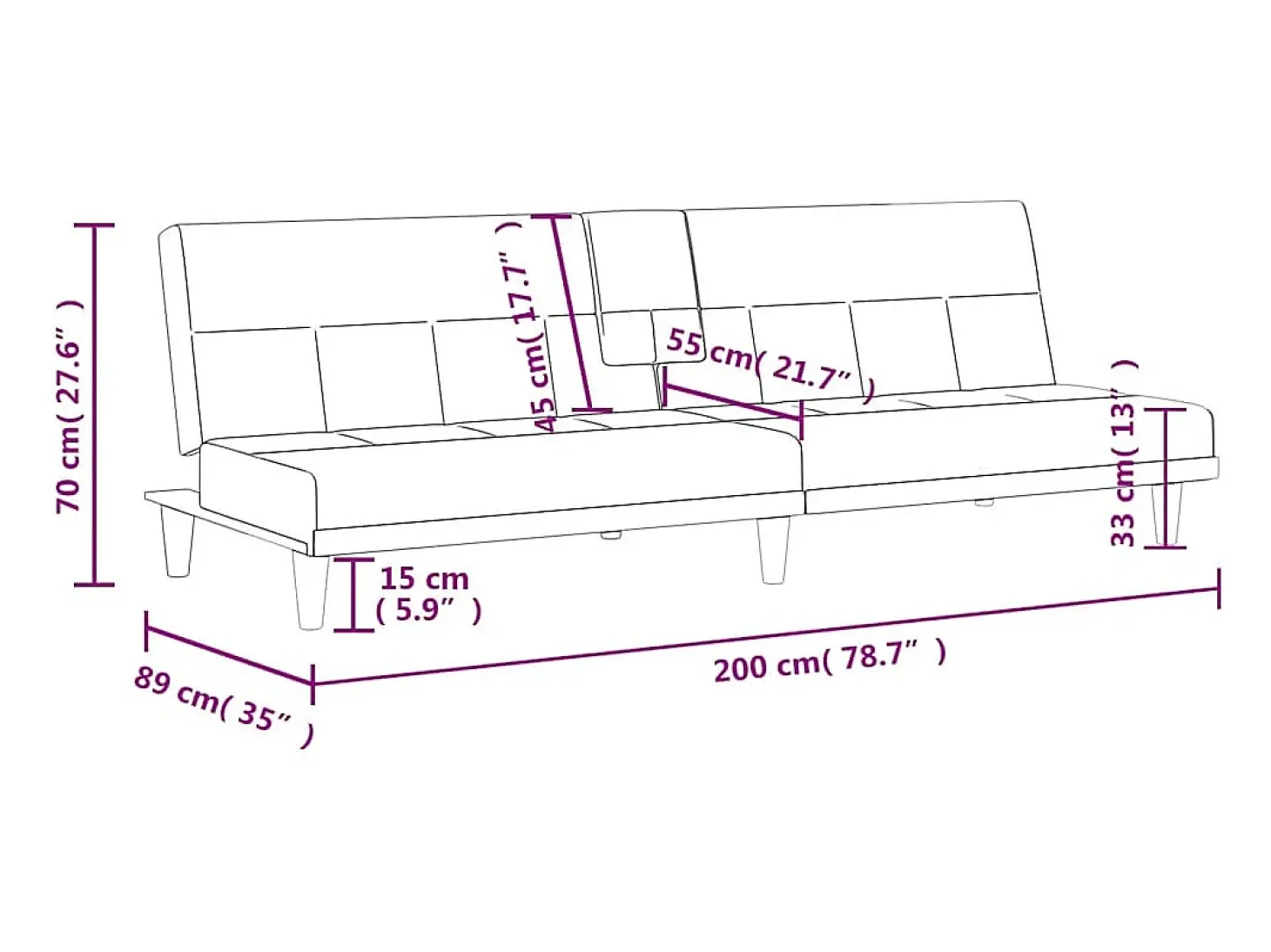 Sofá-cama com suportes para copos tecido cinzento-claro