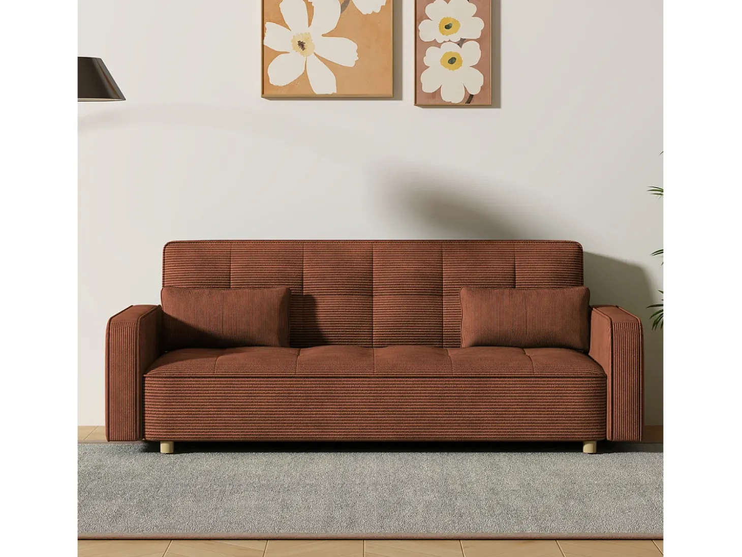 Sofá-Cama Conversível 3 Lugares Veludo Cotelê Terracota Estilo Escandinavo Moderno