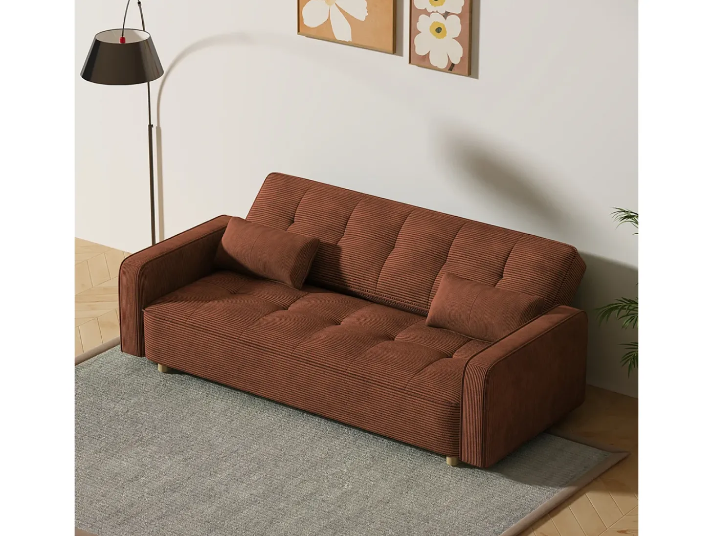 Sofá-Cama Conversível 3 Lugares Veludo Cotelê Terracota Estilo Escandinavo Moderno