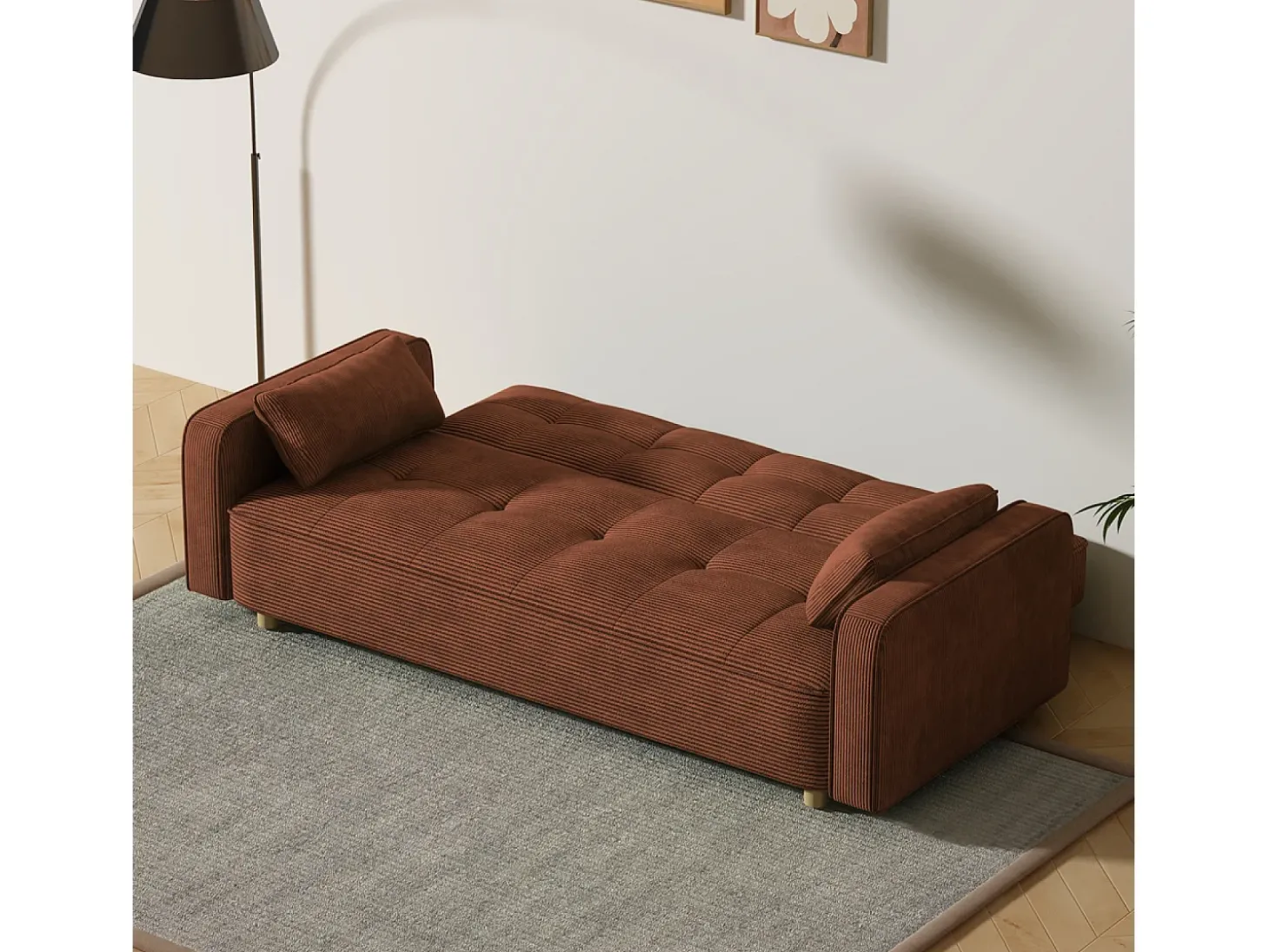 Sofá-Cama Conversível 3 Lugares Veludo Cotelê Terracota Estilo Escandinavo Moderno