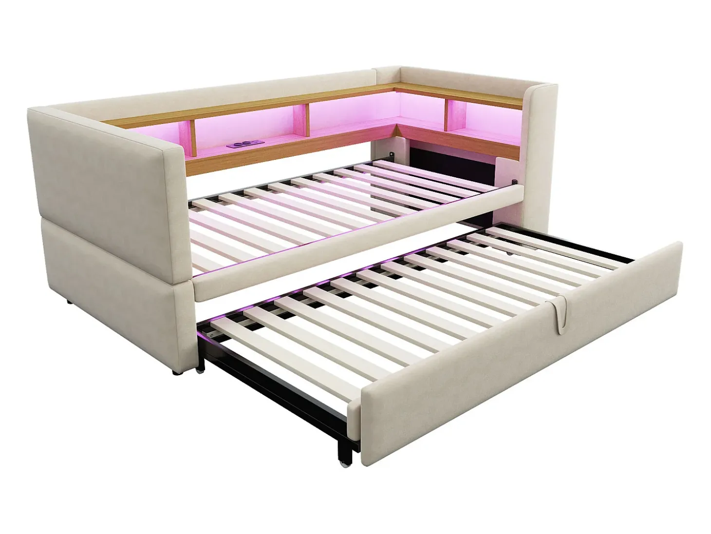Sofá-cama conversível de 2 lugares, 180 x 190 cm, com LED e USB, estofado com espaço de armazenamento, bege.