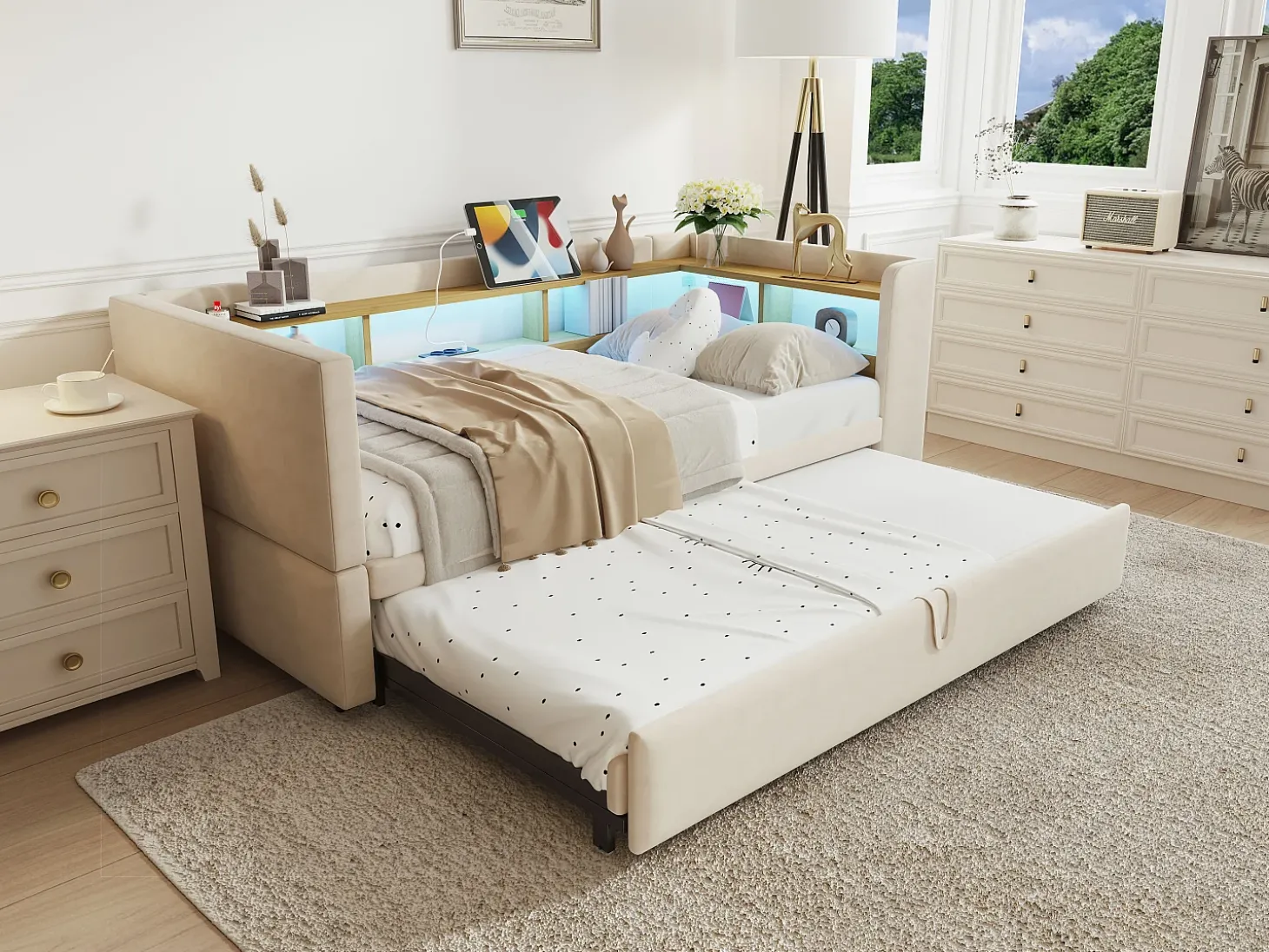 Sofá-cama conversível de 2 lugares, 180 x 190 cm, com LED e USB, estofado com espaço de armazenamento, bege.