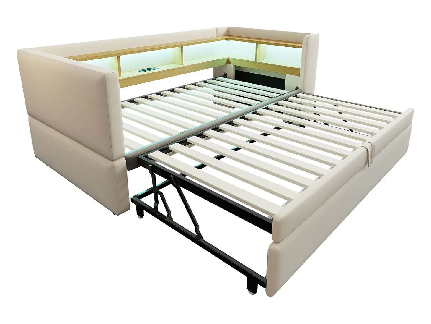 Sofá-cama conversível de 2 lugares, 180 x 190 cm, com LED e USB, estofado com espaço de armazenamento, bege.