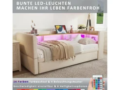 Sofá-cama conversível de 2 lugares, 180 x 190 cm, com LED e USB, estofado com espaço de armazenamento, bege.