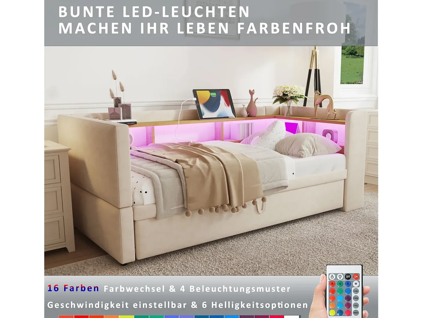 Sofá-cama conversível de 2 lugares, 180 x 190 cm, com LED e USB, estofado com espaço de armazenamento, bege.